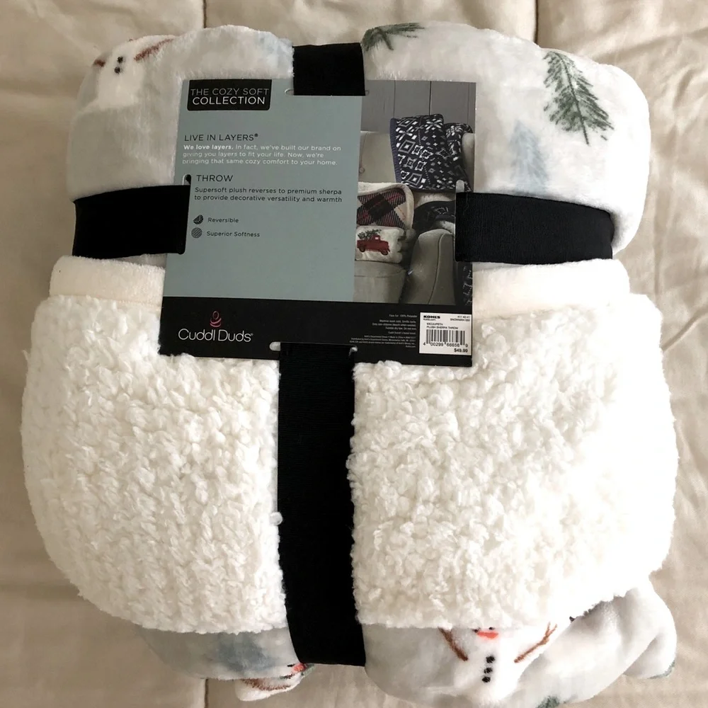 NWT Cuddl Duds Plush Sherpa Throw Reversible Snowman Print 50
